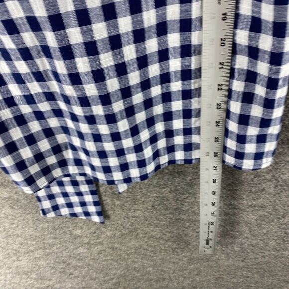 Shop Basic Blouse Women M Medium Blue Plaid Short Sleeve Belted Crew Neck Cotton - Picture 4 of 8